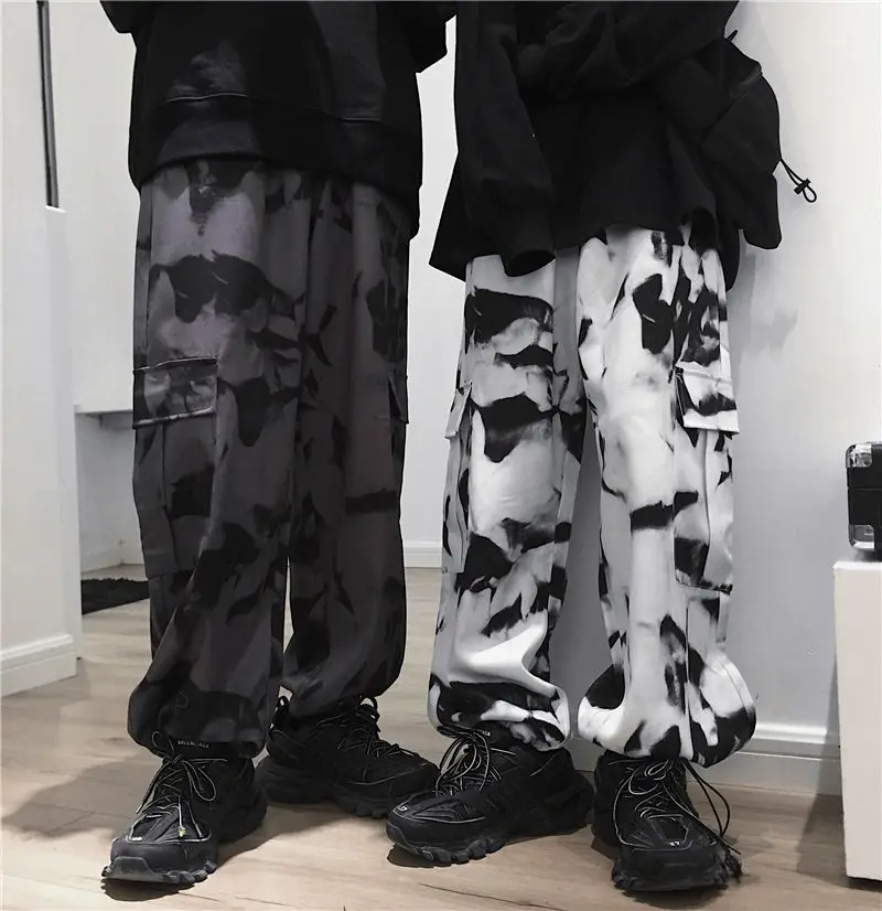 testtestKorean Wide Leg Pants Women Harajuku Street Vintage Tie-dye Cargo Pants Casual Loose Couple Trousers Big Pocket