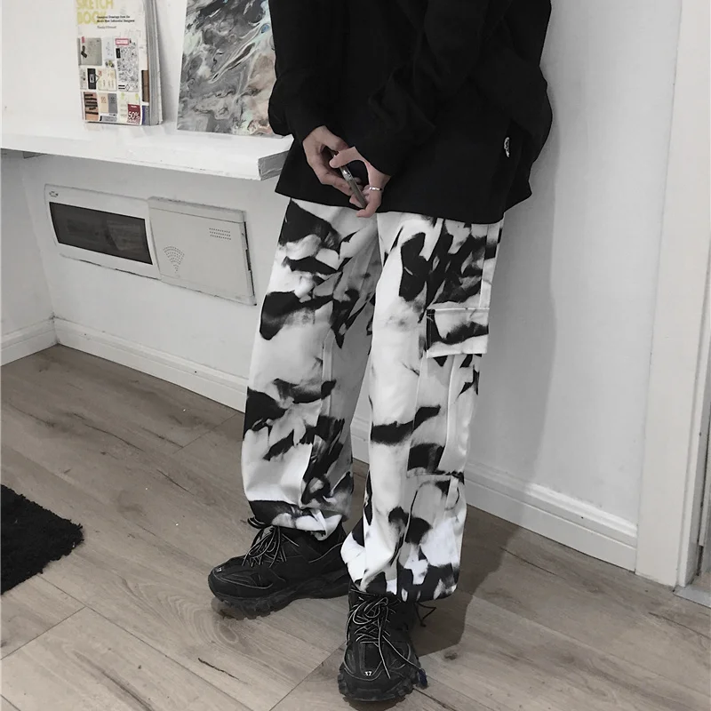 testtestKorean Wide Leg Pants Women Harajuku Street Vintage Tie-dye Cargo Pants Casual Loose Couple Trousers Big Pocket