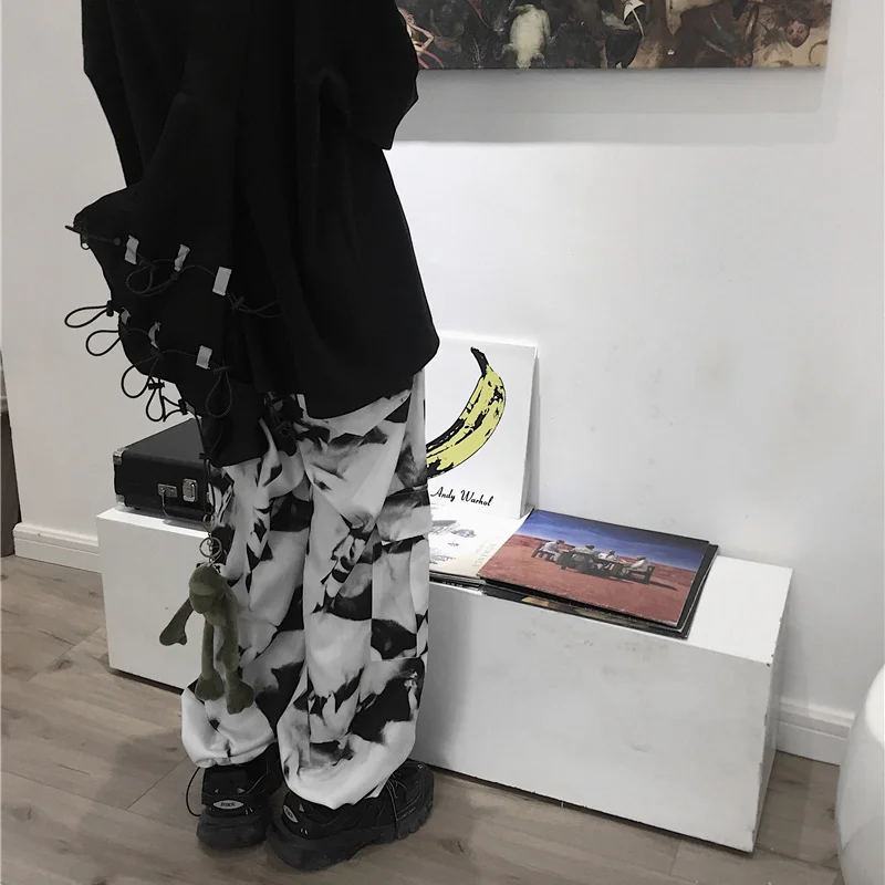 testtestKorean Wide Leg Pants Women Harajuku Street Vintage Tie-dye Cargo Pants Casual Loose Couple Trousers Big Pocket