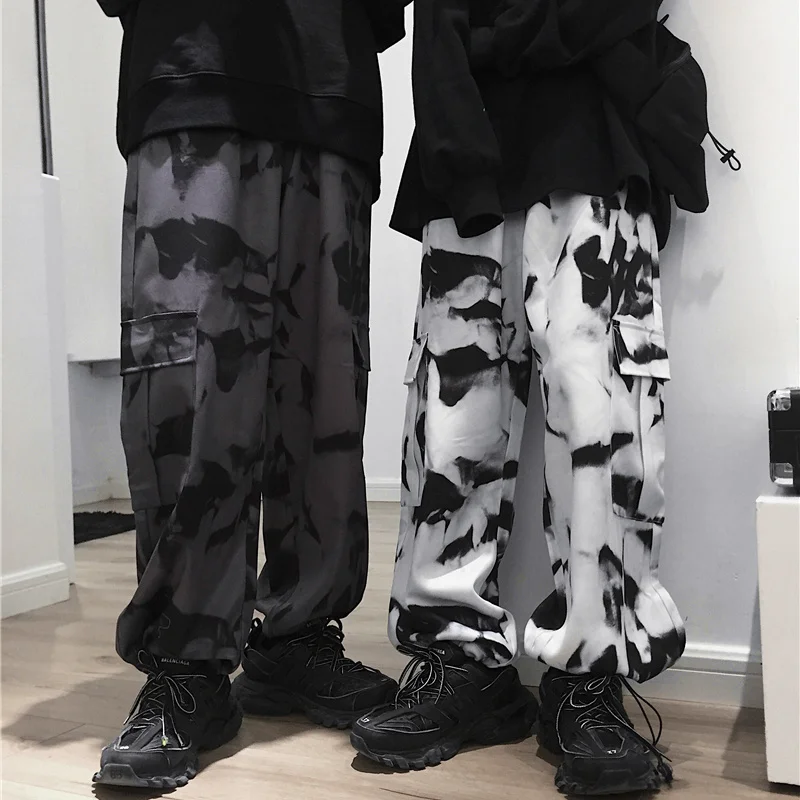testtestKorean Wide Leg Pants Women Harajuku Street Vintage Tie-dye Cargo Pants Casual Loose Couple Trousers Big Pocket