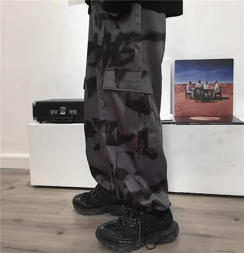 testtestKorean Wide Leg Pants Women Harajuku Street Vintage Tie-dye Cargo Pants Casual Loose Couple Trousers Big Pocket