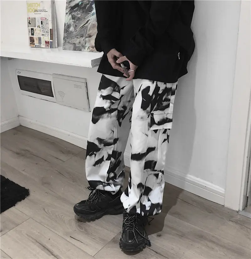 testtestKorean Wide Leg Pants Women Harajuku Street Vintage Tie-dye Cargo Pants Casual Loose Couple Trousers Big Pocket