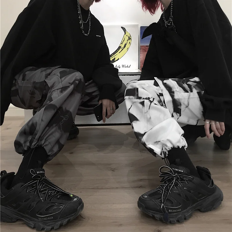 testtestKorean Wide Leg Pants Women Harajuku Street Vintage Tie-dye Cargo Pants Casual Loose Couple Trousers Big Pocket