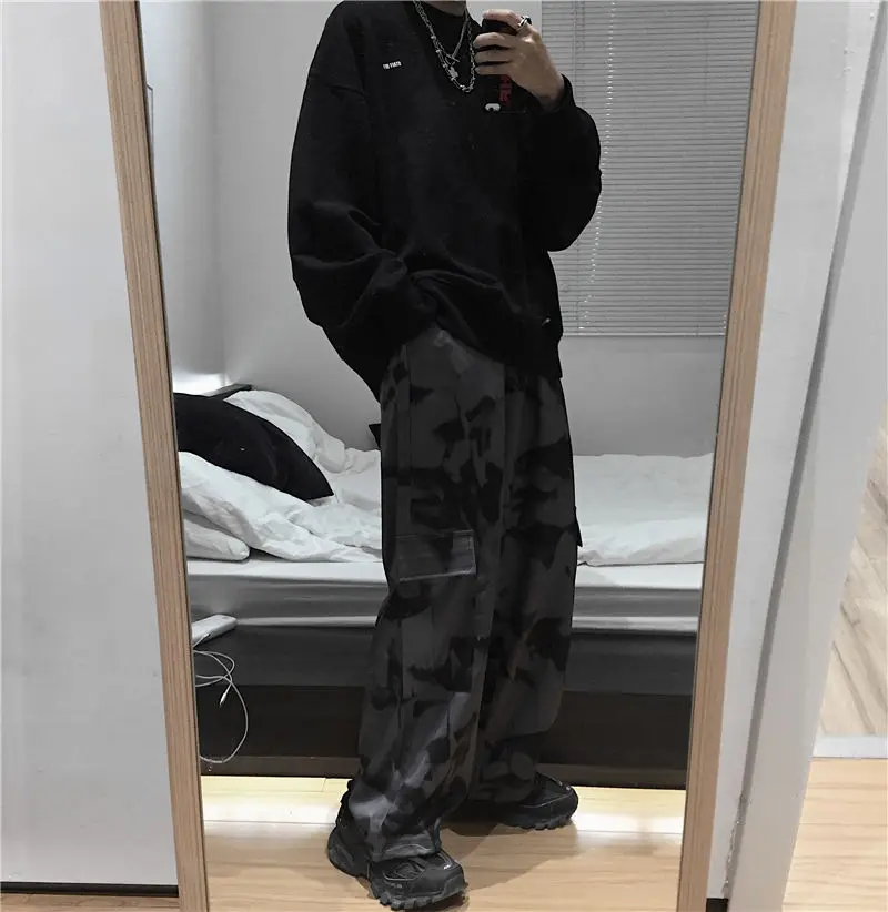 testtestKorean Wide Leg Pants Women Harajuku Street Vintage Tie-dye Cargo Pants Casual Loose Couple Trousers Big Pocket