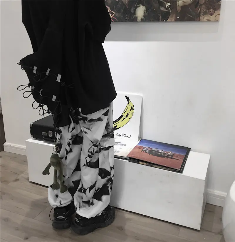 testtestKorean Wide Leg Pants Women Harajuku Street Vintage Tie-dye Cargo Pants Casual Loose Couple Trousers Big Pocket