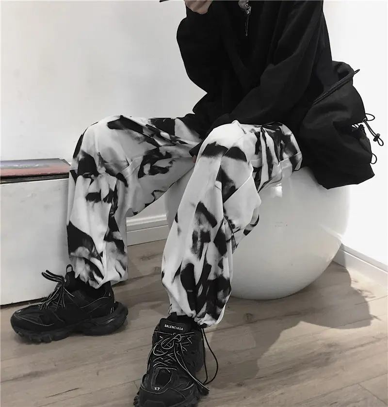 testtestKorean Wide Leg Pants Women Harajuku Street Vintage Tie-dye Cargo Pants Casual Loose Couple Trousers Big Pocket