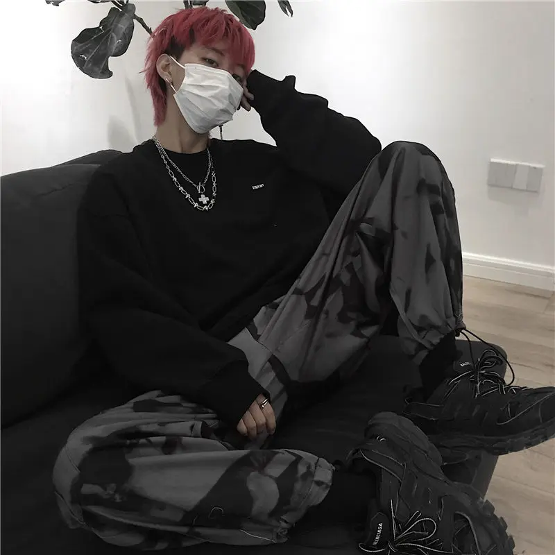 testtestKorean Wide Leg Pants Women Harajuku Street Vintage Tie-dye Cargo Pants Casual Loose Couple Trousers Big Pocket