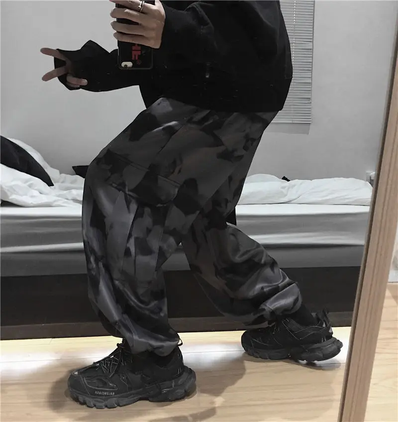 testtestKorean Wide Leg Pants Women Harajuku Street Vintage Tie-dye Cargo Pants Casual Loose Couple Trousers Big Pocket