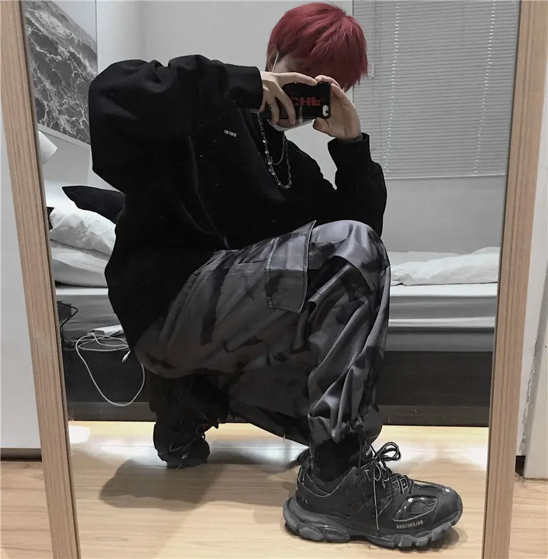 testtestKorean Wide Leg Pants Women Harajuku Street Vintage Tie-dye Cargo Pants Casual Loose Couple Trousers Big Pocket