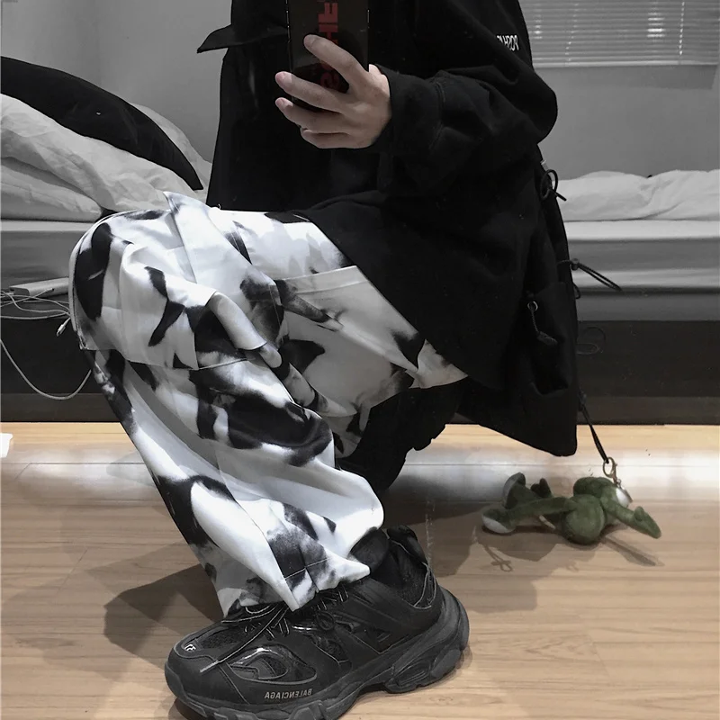 testtestKorean Wide Leg Pants Women Harajuku Street Vintage Tie-dye Cargo Pants Casual Loose Couple Trousers Big Pocket