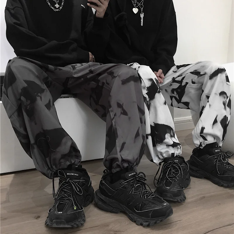 testtestKorean Wide Leg Pants Women Harajuku Street Vintage Tie-dye Cargo Pants Casual Loose Couple Trousers Big Pocket