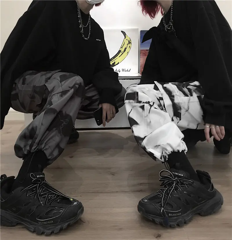 testtestKorean Wide Leg Pants Women Harajuku Street Vintage Tie-dye Cargo Pants Casual Loose Couple Trousers Big Pocket