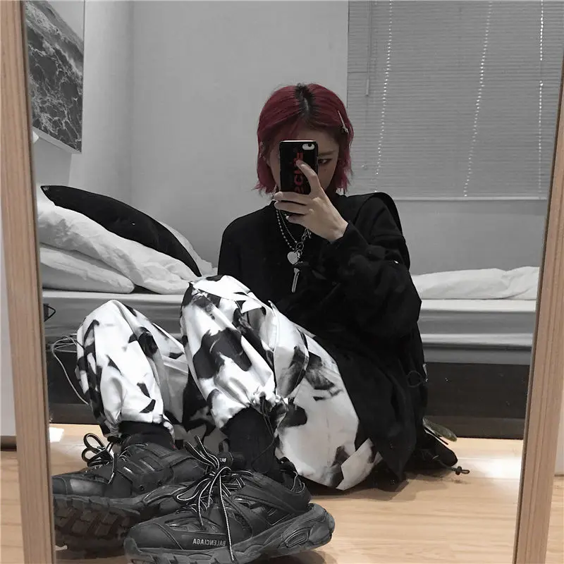 testtestKorean Wide Leg Pants Women Harajuku Street Vintage Tie-dye Cargo Pants Casual Loose Couple Trousers Big Pocket