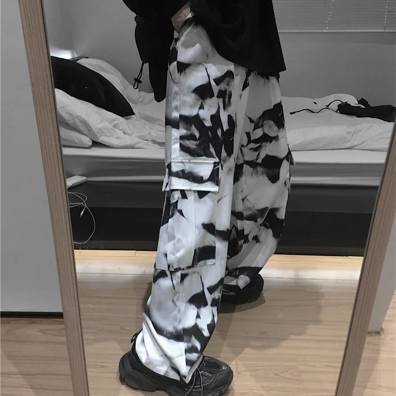 testtestKorean Wide Leg Pants Women Harajuku Street Vintage Tie-dye Cargo Pants Casual Loose Couple Trousers Big Pocket