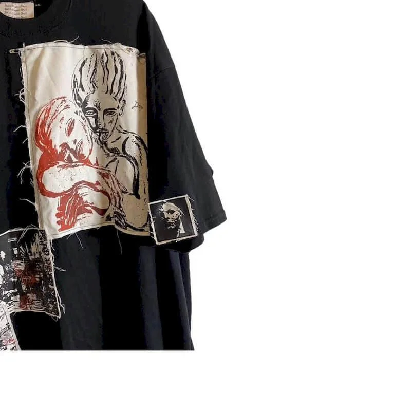 100% Cotton T Shirt Women Dark Punk Printed T-shirt Fashion Patch Patchwork Short Sleeve Tops Men Summer Trend Loose Tshirt Goth