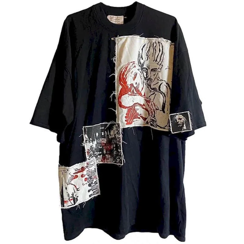 100% Cotton T Shirt Women Dark Punk Printed T-shirt Fashion Patch Patchwork Short Sleeve Tops Men Summer Trend Loose Tshirt Goth