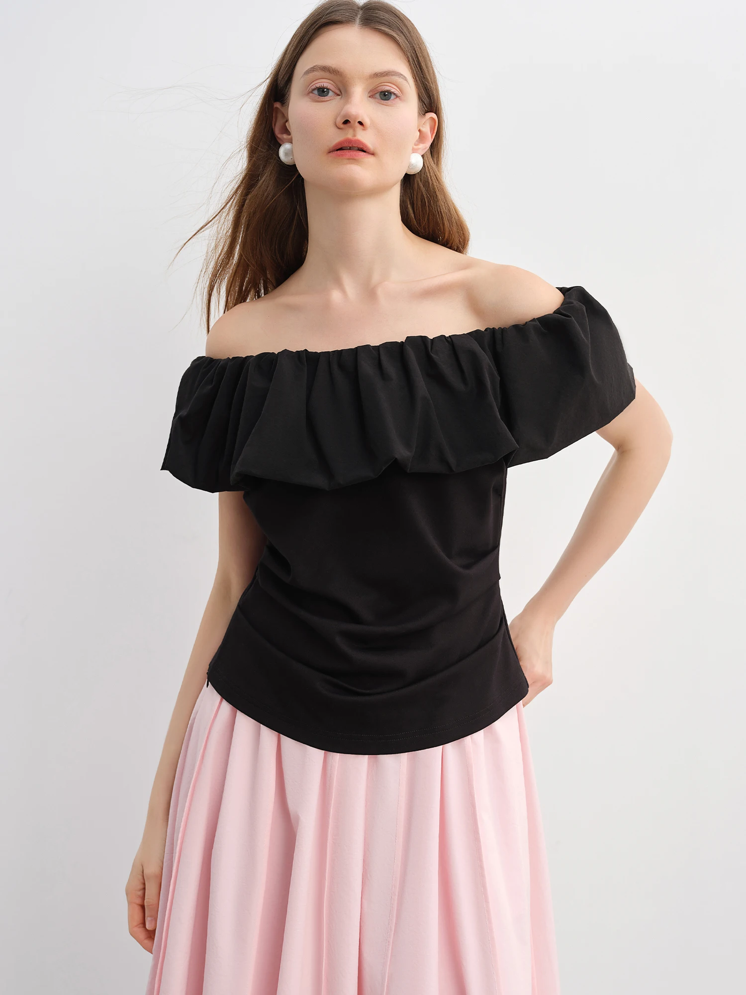 DUSHU Plus Size Women Clothing Simple 3D Pleated Skirt for Plus-sized Women Umbrella Hem Slimming Long Dress 25DS82957+25DS88006