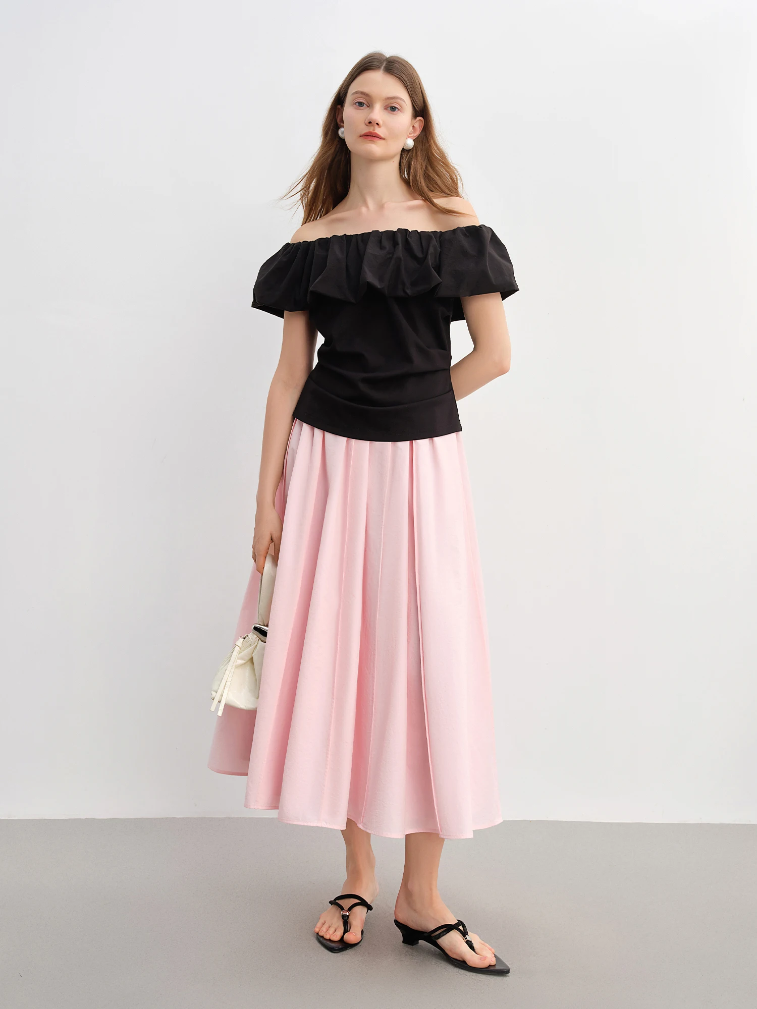 DUSHU Plus Size Women Clothing Simple 3D Pleated Skirt for Plus-sized Women Umbrella Hem Slimming Long Dress 25DS82957+25DS88006