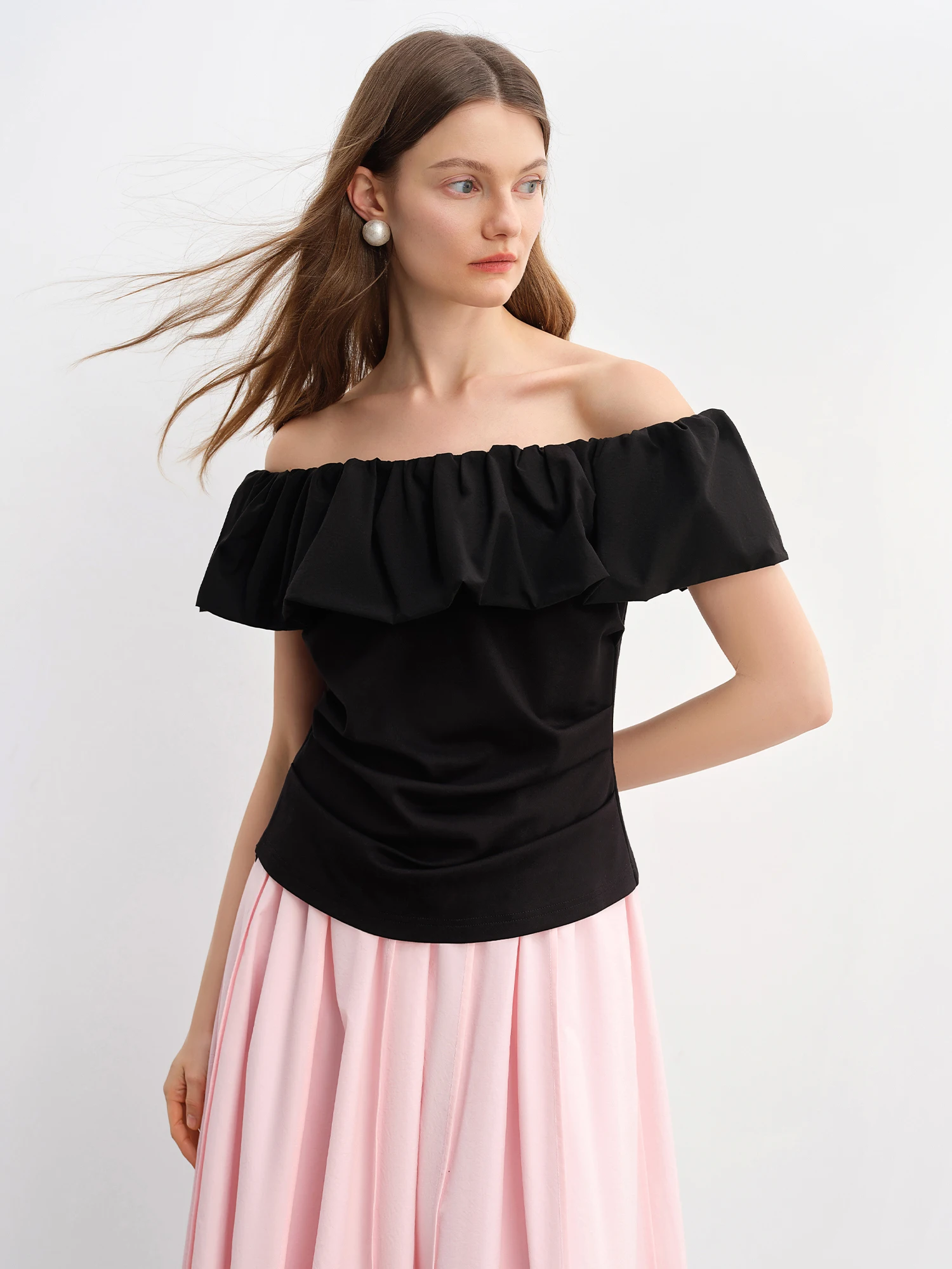 DUSHU Plus Size Women Clothing Simple 3D Pleated Skirt for Plus-sized Women Umbrella Hem Slimming Long Dress 25DS82957+25DS88006