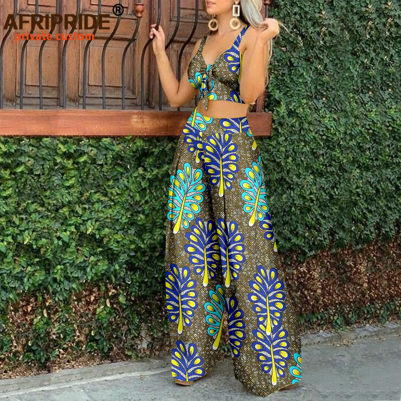 African Clothes for Women Sleeveless Crop Top and Ankara Pants Dashiki Outfits 2 Piece Set Print Sexy Party Wear A2226006