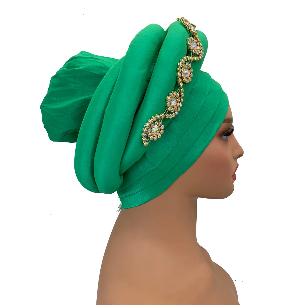 Twisted Braid Turban Cap for Women African Lady Head Wraps Diamonds Nigeria Raw Silk Autogele Headtie Muslim Hat Party Headwear