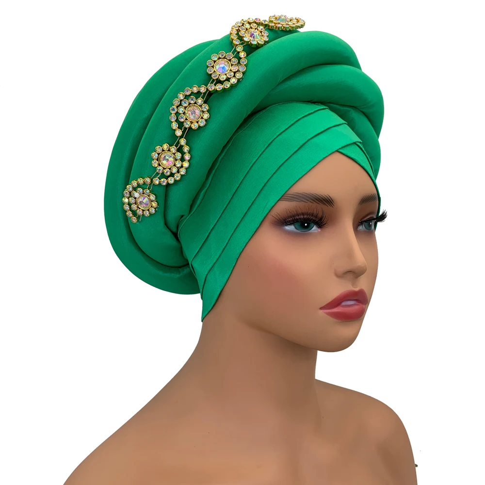 Twisted Braid Turban Cap for Women African Lady Head Wraps Diamonds Nigeria Raw Silk Autogele Headtie Muslim Hat Party Headwear