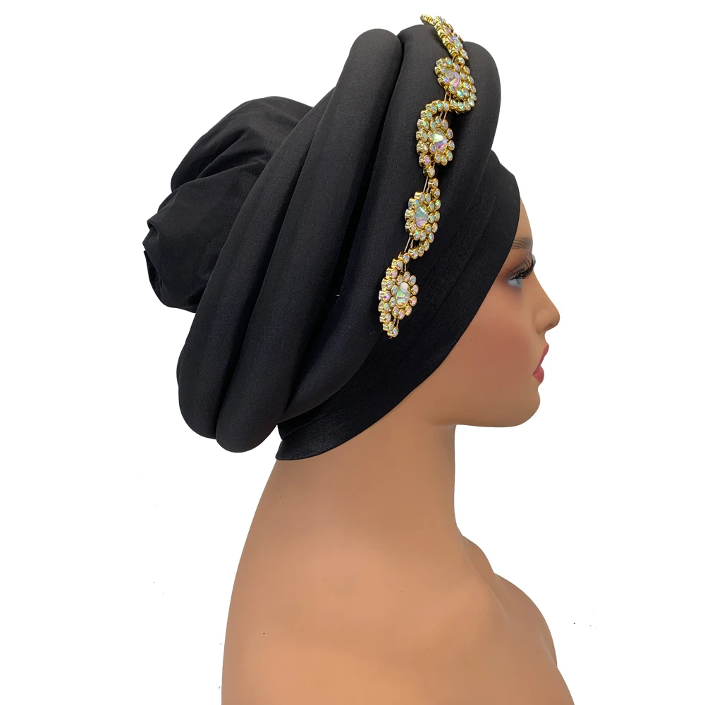 Twisted Braid Turban Cap for Women African Lady Head Wraps Diamonds Nigeria Raw Silk Autogele Headtie Muslim Hat Party Headwear