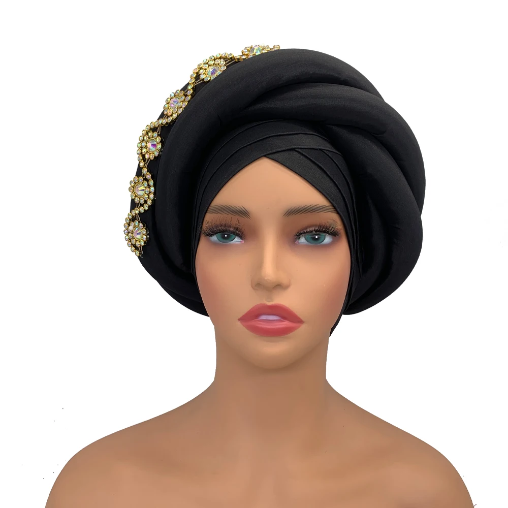 Twisted Braid Turban Cap for Women African Lady Head Wraps Diamonds Nigeria Raw Silk Autogele Headtie Muslim Hat Party Headwear