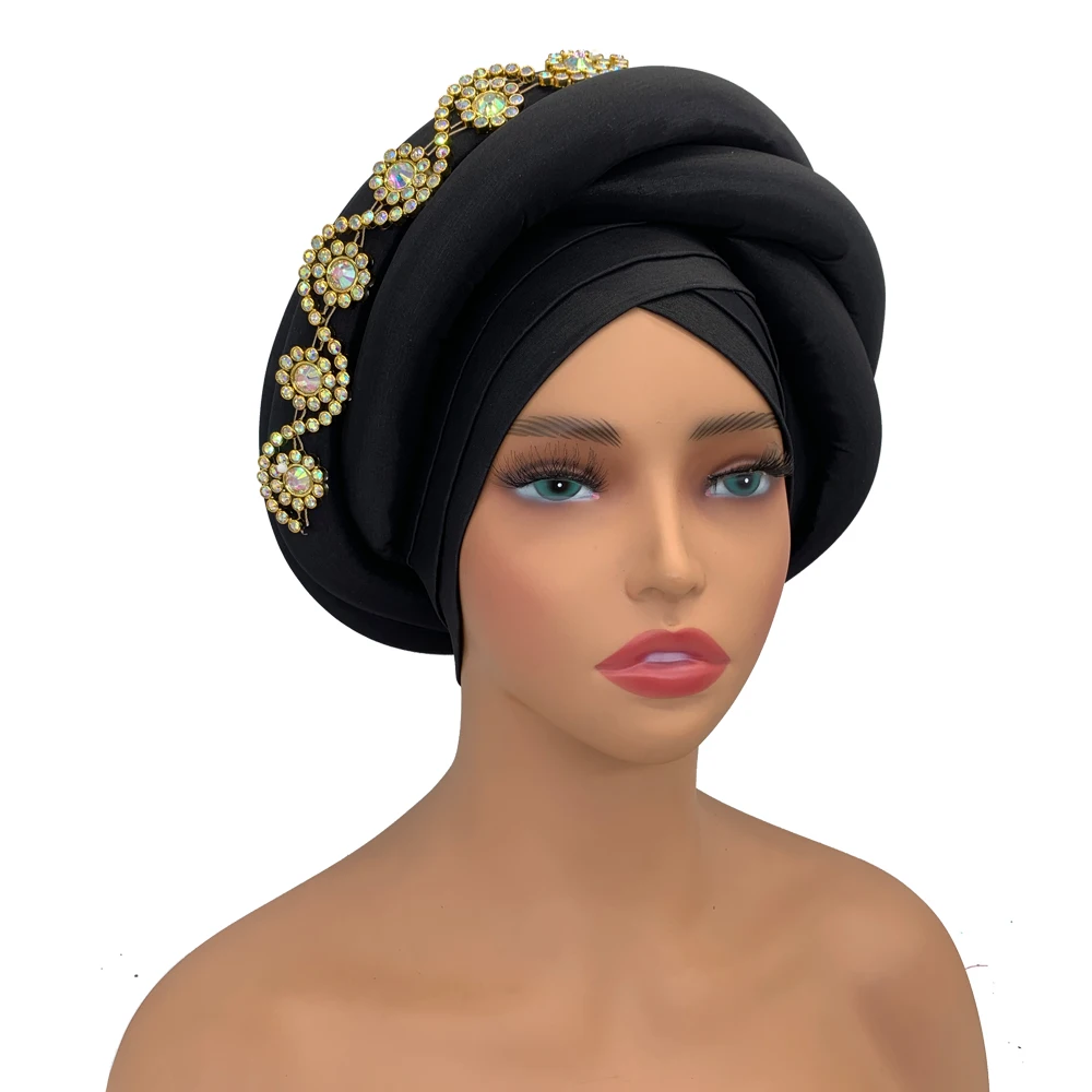 Twisted Braid Turban Cap for Women African Lady Head Wraps Diamonds Nigeria Raw Silk Autogele Headtie Muslim Hat Party Headwear