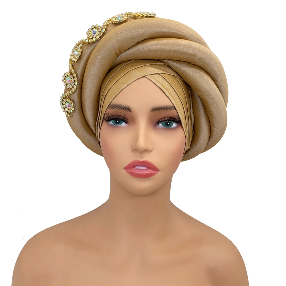 Twisted Braid Turban Cap for Women African Lady Head Wraps Diamonds Nigeria Raw Silk Autogele Headtie Muslim Hat Party Headwear