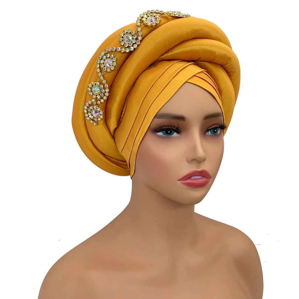 Twisted Braid Turban Cap for Women African Lady Head Wraps Diamonds Nigeria Raw Silk Autogele Headtie Muslim Hat Party Headwear