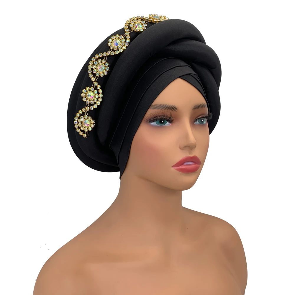 Twisted Braid Turban Cap for Women African Lady Head Wraps Diamonds Nigeria Raw Silk Autogele Headtie Muslim Hat Party Headwear
