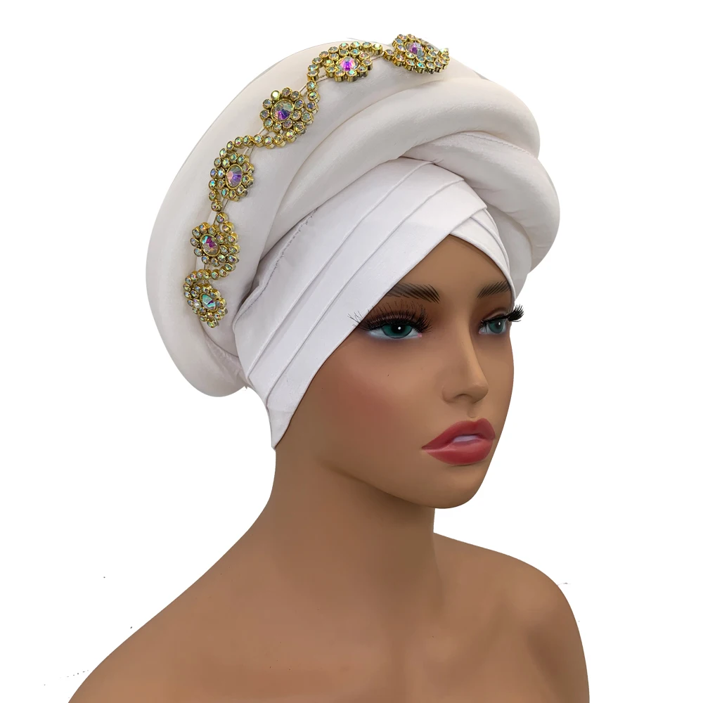 Twisted Braid Turban Cap for Women African Lady Head Wraps Diamonds Nigeria Raw Silk Autogele Headtie Muslim Hat Party Headwear