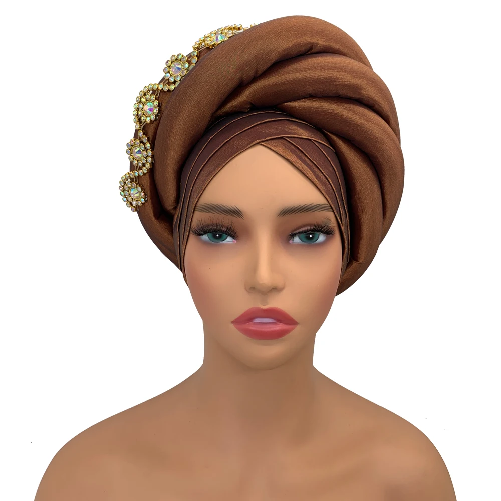 Twisted Braid Turban Cap for Women African Lady Head Wraps Diamonds Nigeria Raw Silk Autogele Headtie Muslim Hat Party Headwear