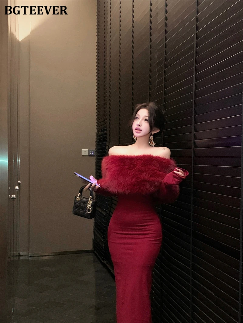 BGTEEVER Autumn Winter Fashion Slash Neck Ladies Skinny Package Hip Sweater Dress Elegant Long Sleeve Female Slim Knitted Dress