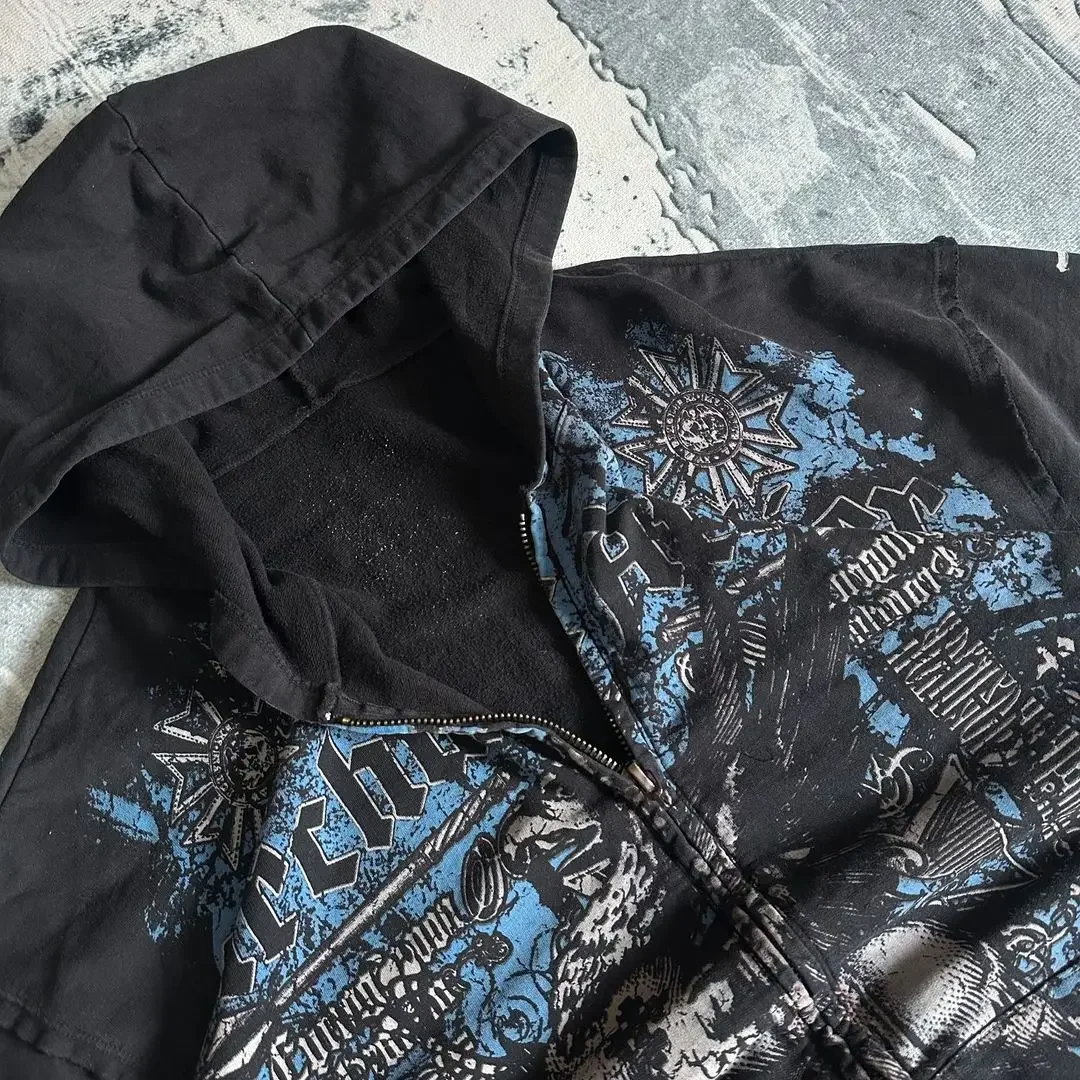 Affliction Gothic Hoodie Y2K New Retro Pattern Oversize Zipper Hoodie For Women Hip Hop Casual Sweatshirt Personality Streetwear