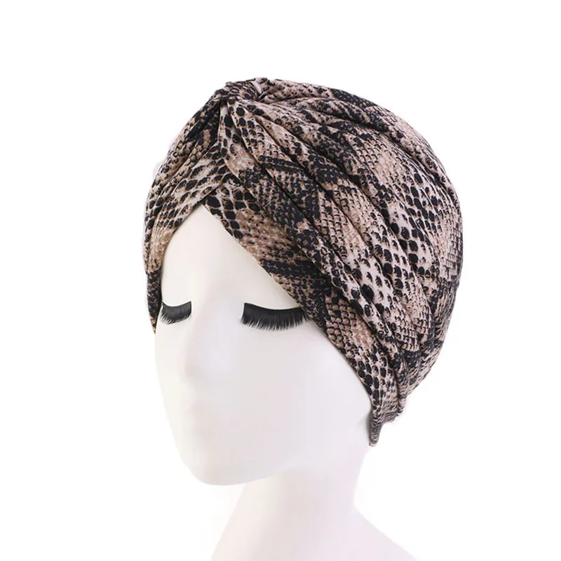 Leopard Snakeskin Floral Print Knotted Women's Turban Cap Muslim Headscarf Twist Knot Indian Cap Lady Bandanas Hair Accessories