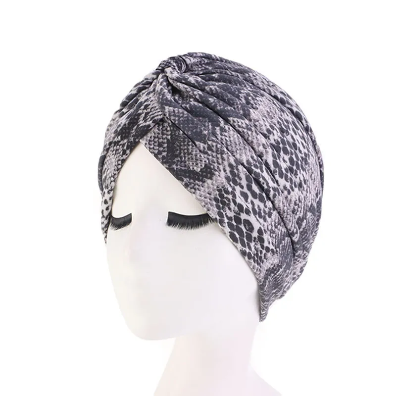 Leopard Snakeskin Floral Print Knotted Women's Turban Cap Muslim Headscarf Twist Knot Indian Cap Lady Bandanas Hair Accessories