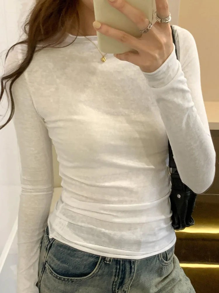2024 Spring Autumn T Shirt Women Tops Solid Slim Fit Long Sleeve O Neck Tshirts Female Casual Streetwear High Quality Base Tees