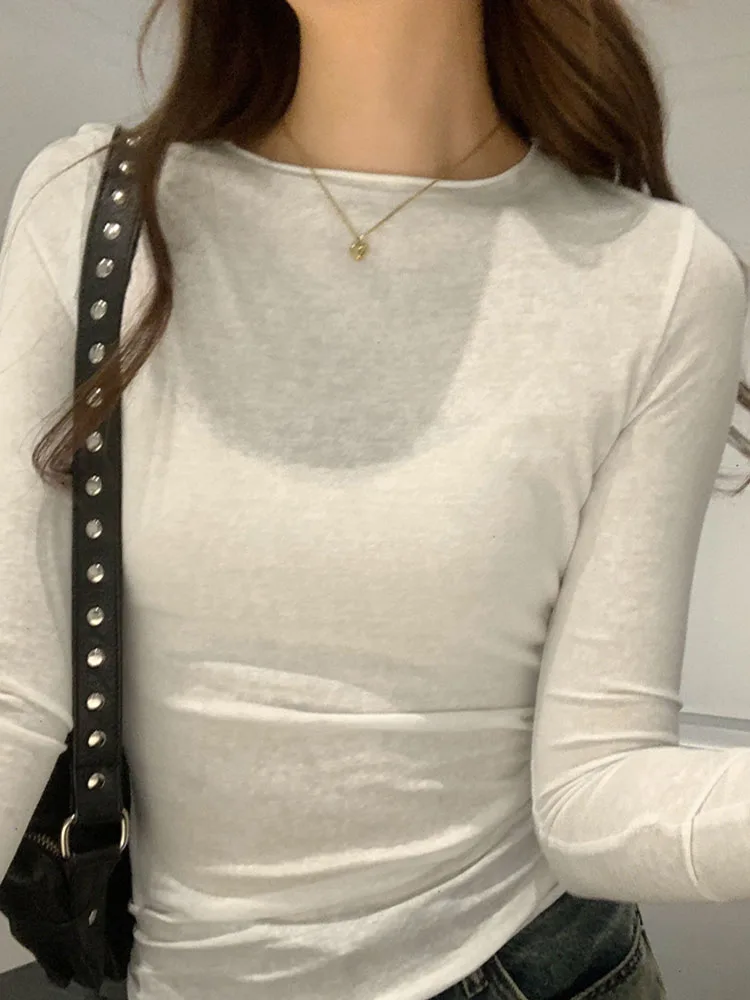 2024 Spring Autumn T Shirt Women Tops Solid Slim Fit Long Sleeve O Neck Tshirts Female Casual Streetwear High Quality Base Tees