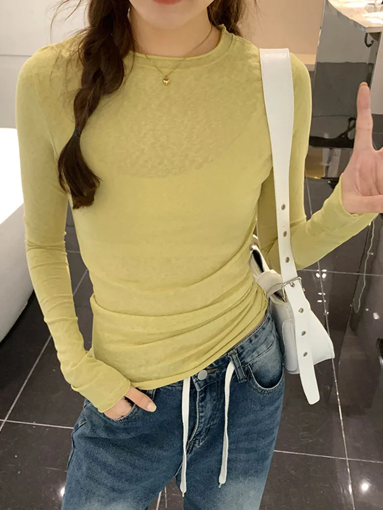 2024 Spring Autumn T Shirt Women Tops Solid Slim Fit Long Sleeve O Neck Tshirts Female Casual Streetwear High Quality Base Tees