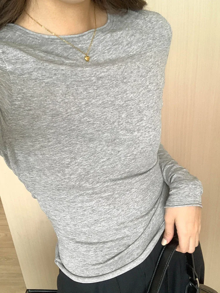 2024 Spring Autumn T Shirt Women Tops Solid Slim Fit Long Sleeve O Neck Tshirts Female Casual Streetwear High Quality Base Tees