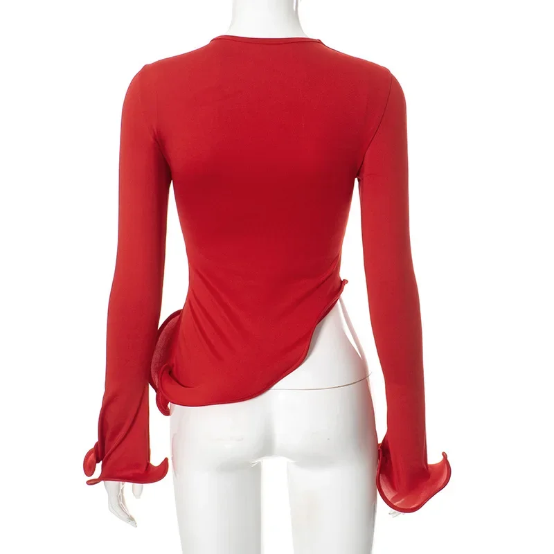 Trendix Slim Long Sleeve Ruffle Tshirts Women Fashion Patchwork Solid Asymmetry T-shirts Ladies 2024 Fashion Y2k Solid Top Femme