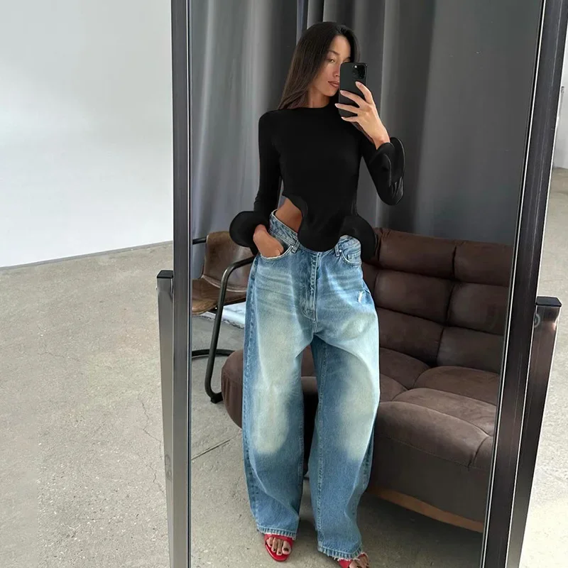 Trendix Slim Long Sleeve Ruffle Tshirts Women Fashion Patchwork Solid Asymmetry T-shirts Ladies 2024 Fashion Y2k Solid Top Femme