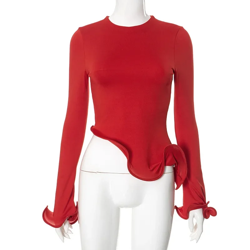 Trendix Slim Long Sleeve Ruffle Tshirts Women Fashion Patchwork Solid Asymmetry T-shirts Ladies 2024 Fashion Y2k Solid Top Femme