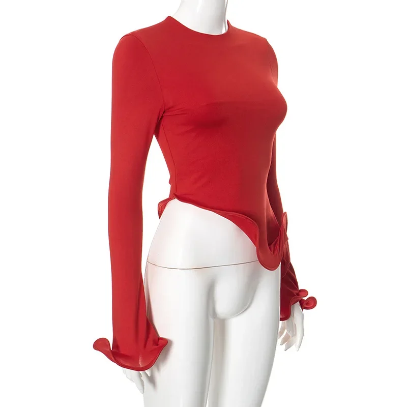 Trendix Slim Long Sleeve Ruffle Tshirts Women Fashion Patchwork Solid Asymmetry T-shirts Ladies 2024 Fashion Y2k Solid Top Femme