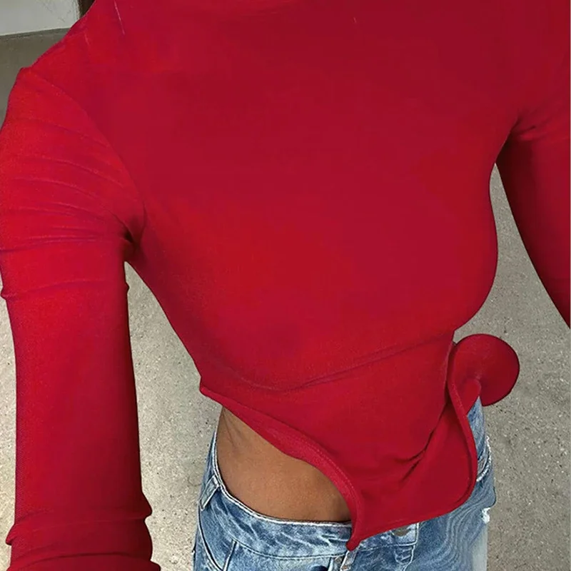 Trendix Slim Long Sleeve Ruffle Tshirts Women Fashion Patchwork Solid Asymmetry T-shirts Ladies 2024 Fashion Y2k Solid Top Femme