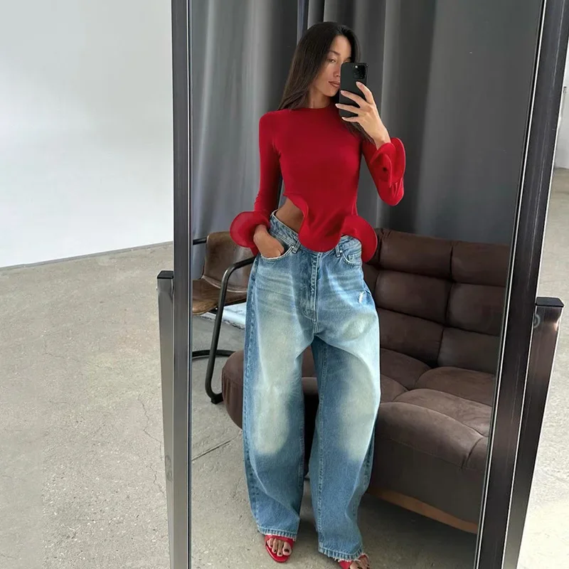 Trendix Slim Long Sleeve Ruffle Tshirts Women Fashion Patchwork Solid Asymmetry T-shirts Ladies 2024 Fashion Y2k Solid Top Femme