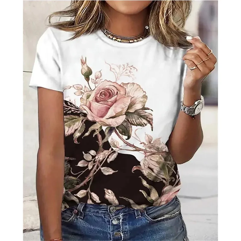Floral Plants Pattern T-Shirt For Women Flower 3D Printed T Shirts Summer Casual Round Neck Tops Short Sleeves Oversized Tees