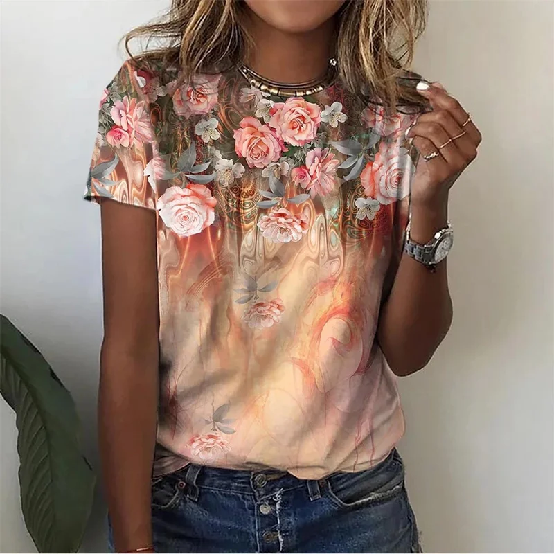 Floral Plants Pattern T-Shirt For Women Flower 3D Printed T Shirts Summer Casual Round Neck Tops Short Sleeves Oversized Tees